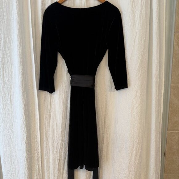 AB Studio Black Velvet Midi Dress Size L Satin Sash 3/4 Sleeve V-Neck Holiday - Picture 6 of 12